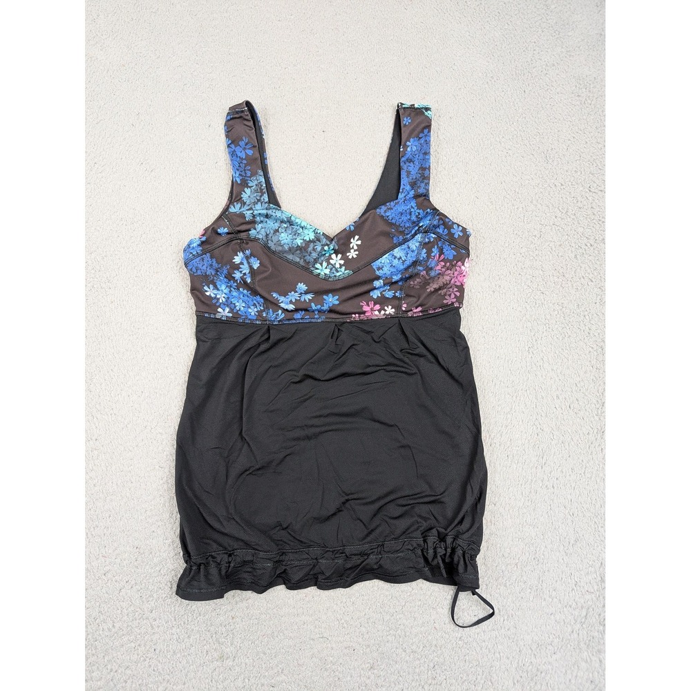 Lululemon Tankini Swim Top Womens 6 Black Floral Blouson Drawstring Hem V Neck
